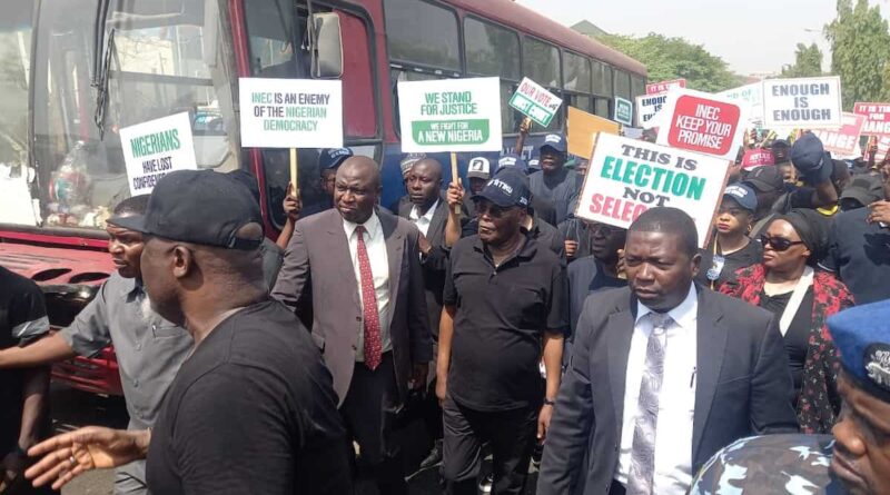 Atiku Ayu others lead protest to INEC headquarters in Abuja